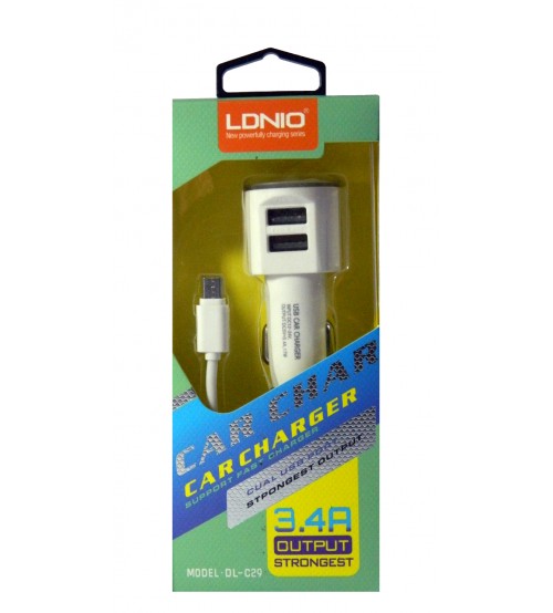 LDNIO Car Charger with Dual USB Port, 3.4 Amp Strongest Output, Cable, White Color